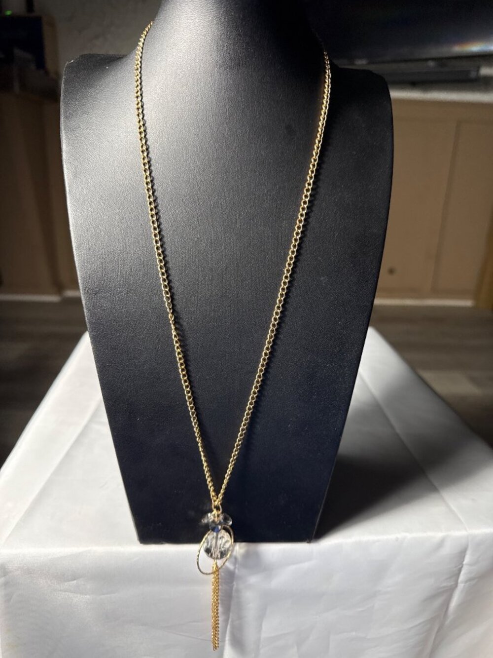 Gold Long Tassel Pendant Necklace Clear Crystal Sphere Celestial Boho Indie